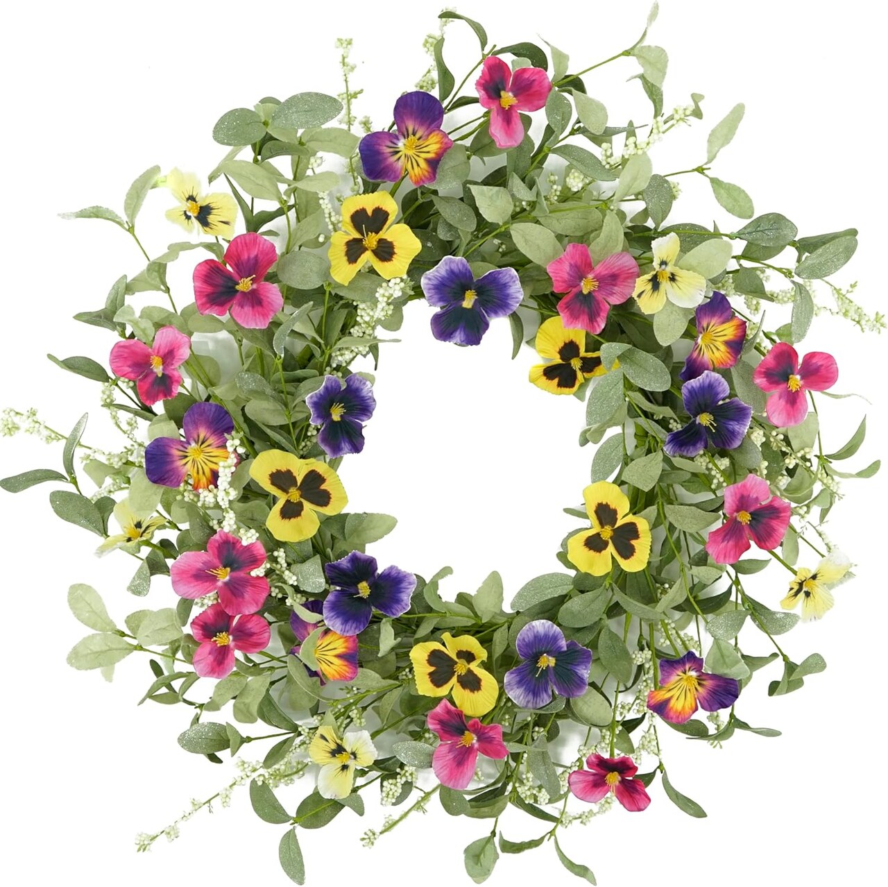 20" Spring Pansy Wreath – Colorful Front Door, Indoor & Outdoor Farmhouse Décor for Porch, Wall, Window, Wedding & Festival